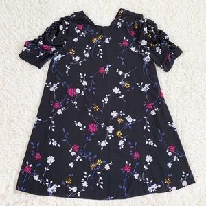 HALOGEN Black Ruched Sleeve Floral Shift Dress